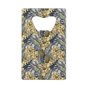 Luxe Elegante Gouden en Zwarte Tropische Bloemen Kredietkaart Flessenopener