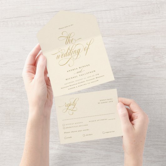 Luxe Elegante Kalligrafie Cream en Gouden Bruiloft All In One Uitnodiging (Afscheurbaar)