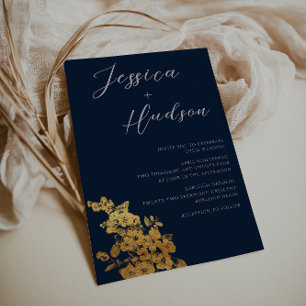 Luxe Elegantie: Marine & Goud Bloemen Bruiloft Kaart