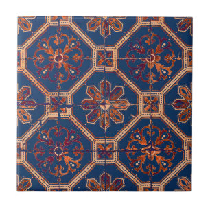 Luxe Etnische Tile Patroon Blauw en Sinaasappel Tegeltje