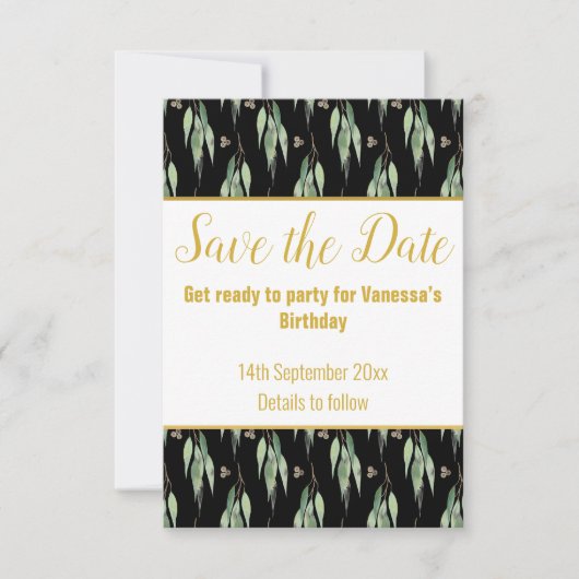 LUXE EUCALYPTUS PATROON ZWART SAVE THE DATE RSVP (Voorkant)