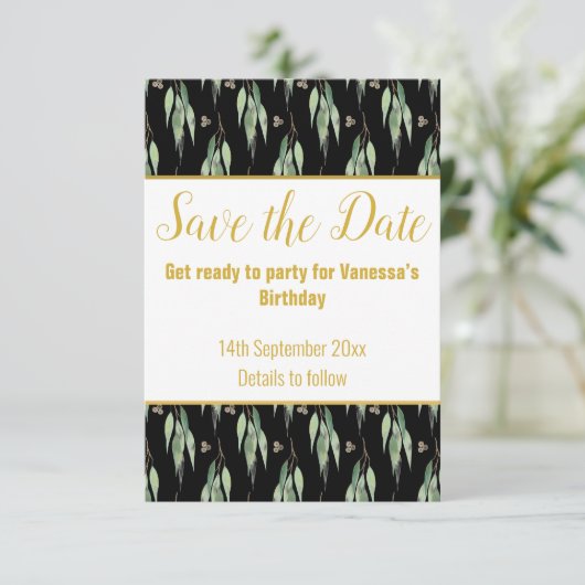 LUXE EUCALYPTUS PATROON ZWART SAVE THE DATE RSVP (Staand voorkant)
