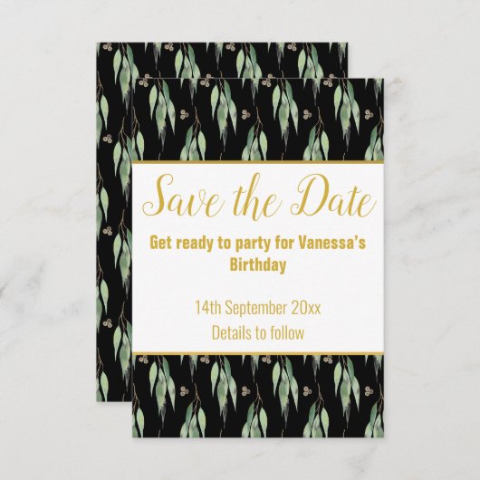 LUXE EUCALYPTUS PATROON ZWART SAVE THE DATE RSVP (Voorkant / Achterkant)