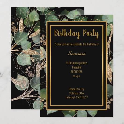 LUXE EUCALYPTUS ZWARTE GROENE INVITATIE KAART (Voorkant / Achterkant)