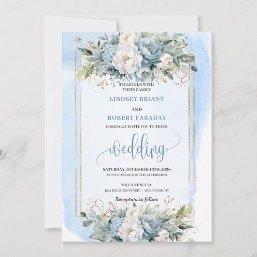 Luxe faire-part de mariage florale bleu foncé (Devant)
