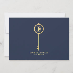 Luxe Faux Gold Skeleton Key Monogram Marine Notitiekaartje