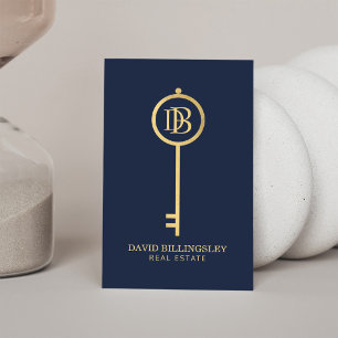 Luxe Faux Gold Skeleton Key Monogram Realtor Navy Visitekaartje