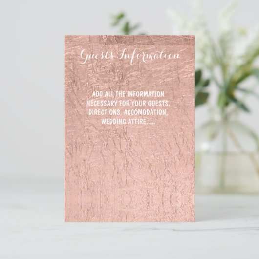 Luxe faux roos goudleaf bruiloft info informatiekaartje (Staand voorkant)