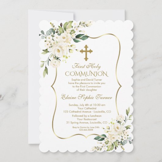 Luxe fijne witte bloemen eerste heilige communie kaart (Voorkant)