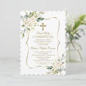 Luxe fijne witte bloemen eerste heilige communie kaart (Staand voorkant)