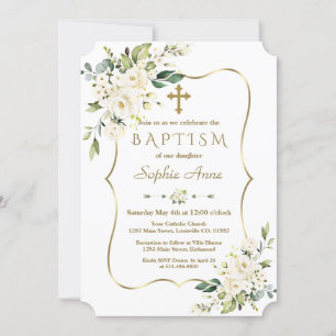 Luxe fijne witte bloemen Gold Cross-Baptisme Kaart