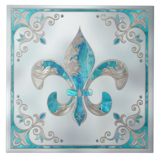 Luxe Fleur-de-lis - Aquamarijn en Parel Tegeltje (Voorkant)