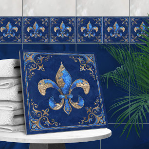 Luxe Fleur-de-lis - blauw marmer en goud Tegeltje