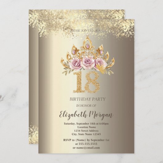 Luxe Floral Crown Gold Confetti 18e verjaardag Kaart (Voorkant / Achterkant)