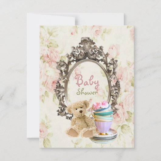 luxe floral teddy draagt babydoucheuitnodigingen kaart (Voorkant)