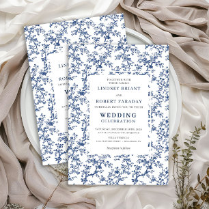Luxe Franse Toile de Jouy blauwe trouwuitnodiging Kaart