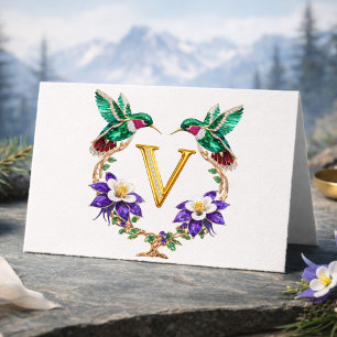 Luxe Gejuweelde Kolibrie Monogram V Trouw Dankjés Bedankkaart