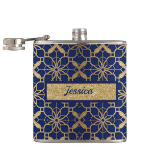 Luxe gepersonaliseerde Navy & Gouden Fles voor Vro Heupfles