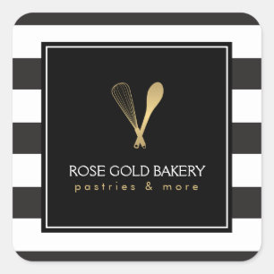 Luxe Gestreepte Gouden Whisk Lepel Logo Bakkerij, Vierkante Sticker