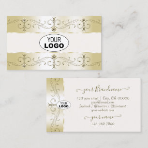 Luxe Glam Goud en Crème Sierlijke Randen met Logo Visitekaartje
