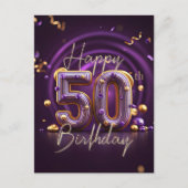Luxe Glam Paars en Goud 50e Verjaardag Briefkaart (Voorkant)