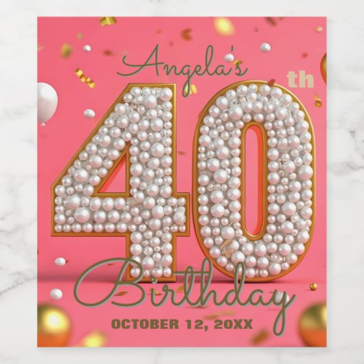 Luxe Glam Pink Gold en Parels 40e verjaardag Wijn Etiket (Enkel label)