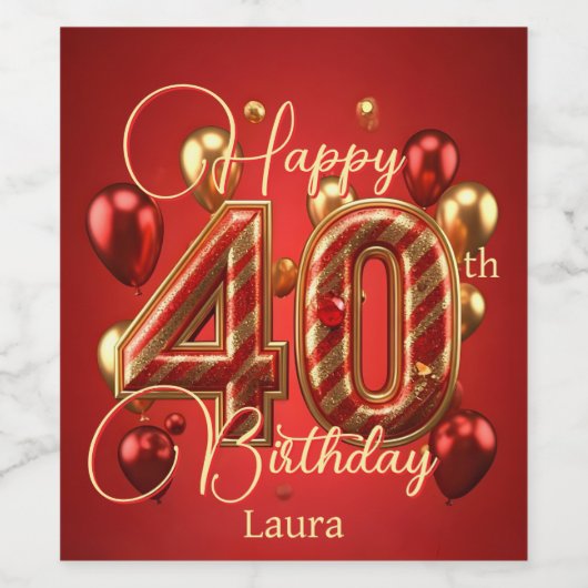 Luxe Glam rood en goud 40e verjaardag Wijn Etiket (Enkel label)