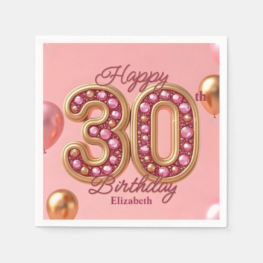 Luxe Glam Roze en Gouden Edelsteen 30e verjaardag Servet (Voorkant)