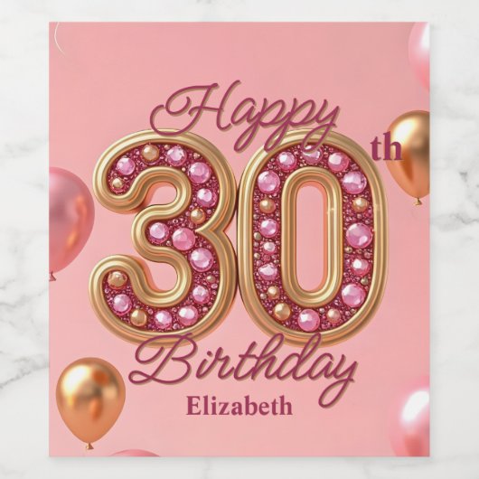 Luxe Glam Roze en Gouden Edelsteen 30e verjaardag Wijn Etiket (Enkel label)