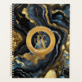 Luxe Glam Zwart Blauw Goud Agaat Marmer Monogram Planner (Voorkant)