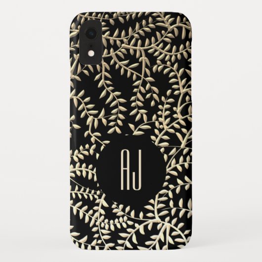 Luxe Glam Zwart en Goud Bloemen Wervelingen Monogr Case-Mate iPhone Case (Achterkant)