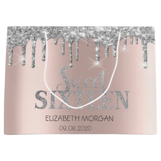 Luxe Glitter Silver Drips Roos Gold Sweet 16 Groot Cadeauzakje (Voorkant)
