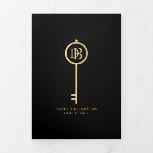Luxe Gold/Black Skeleton Key Real Estate Brochure Drieluik Kaart (Cover)