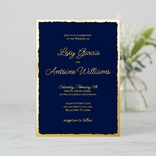 Luxe Gold Bold Edge Navy Blue bruiloft uitnodiging (Staand Voorkant)