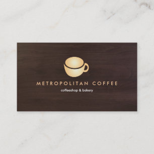 LUXE GOLD COFEE MOK LOGO op DONKERBRUINE HOUTKORRE Visitekaartje