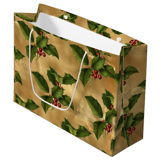 Luxe Gold Foil, Green Holly, Red Berries Groot Cadeauzakje (Voorkant Gekanteld)