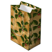 Luxe Gold Foil, Green Holly, Red Berries Medium Cadeauzakje (Voorkant Gekanteld)