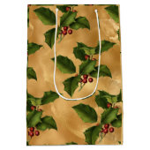 Luxe Gold Foil, Green Holly, Red Berries Medium Cadeauzakje (Achterkant)