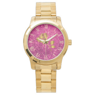 Luxe Gold Glitter Pink Floral Gift Watch Horloge