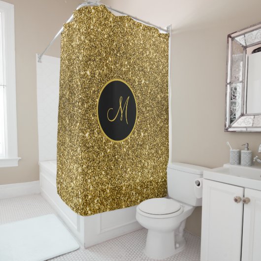 Luxe Gold Glitter Sparkle Custom Monogramed Douchegordijn (In situ)