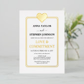 Luxe Gold Heart Love & Commitment Ceremony Folie Uitnodiging (Staand Voorkant)