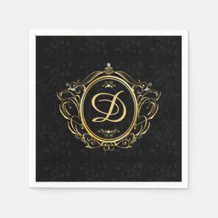 Luxe Gold lijst Monogram Black Damask terug Servet