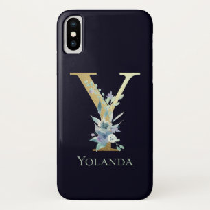 Luxe Gold Monogram Letter Y Floral Blue Name iPhone X Hoesje