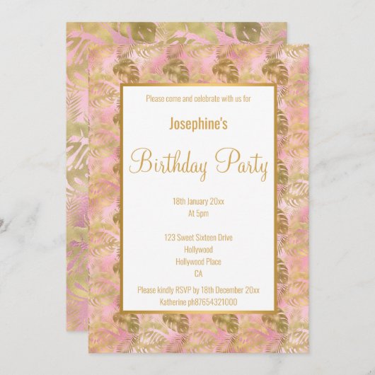 LUXE GOLD PINK PALM LEAF ANNIVERSAIRE INVITATION (Devant / Derrière)