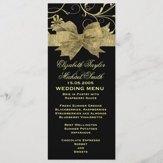 Luxe Gold Ribbon Damask Black Mariage Menu (Devant)