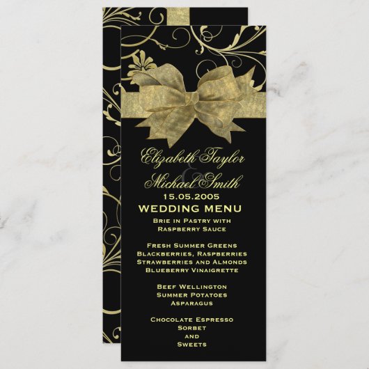 Luxe Gold Ribbon Damask Black Mariage Menu (Devant / Derrière)