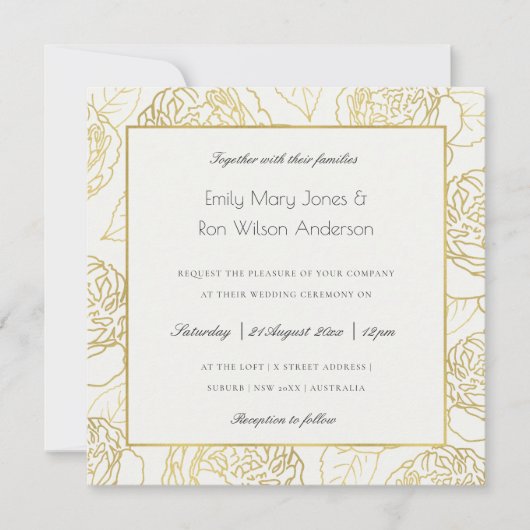 LUXE GOLD WHITE KRAFT ELEGANT ROOS FLORAL WEDING KAART (Voorkant)