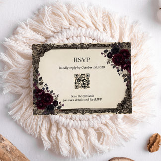 Luxe Gotische Rozen Kant Victoriaanse Trouw QR Cod RSVP Kaartje
