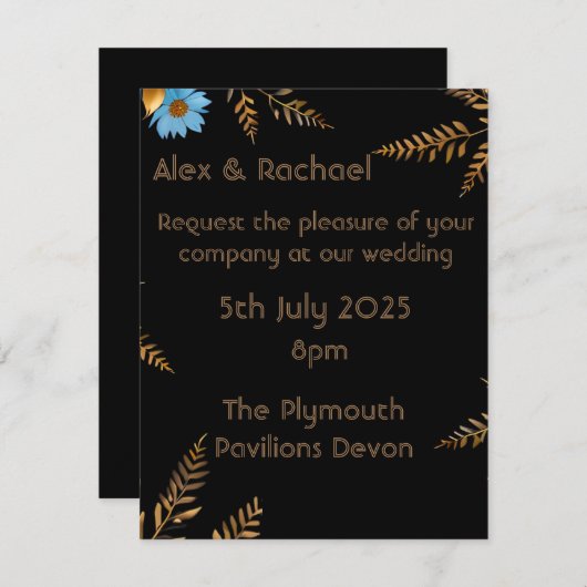 Luxe Goud en Blauw Bloemen Bruiloft Uitnodiging (Voorkant / Achterkant)