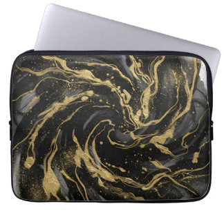 Luxe Goud en Zwarte Abstracte Marmer Laptop Sleeve